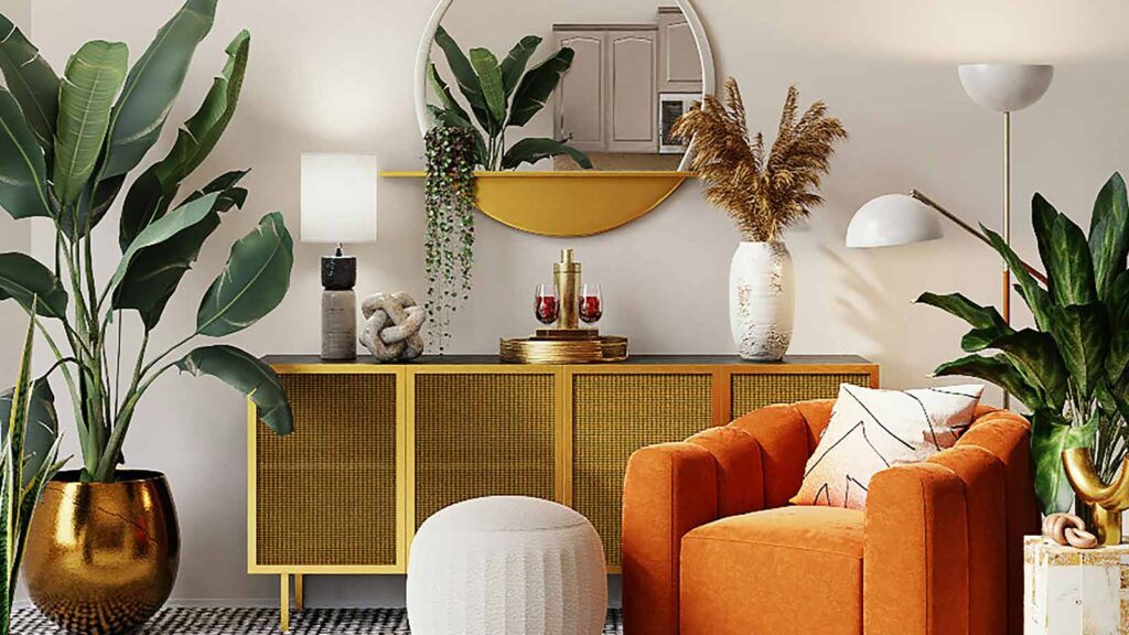 a room with a yellow cabinet and a orange chair encumbrance