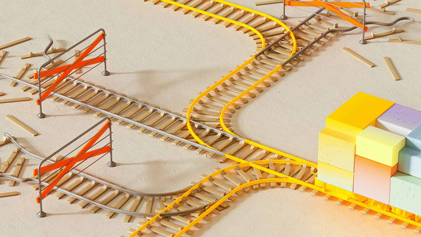 a toy train track with orange barriers Title Search Updates