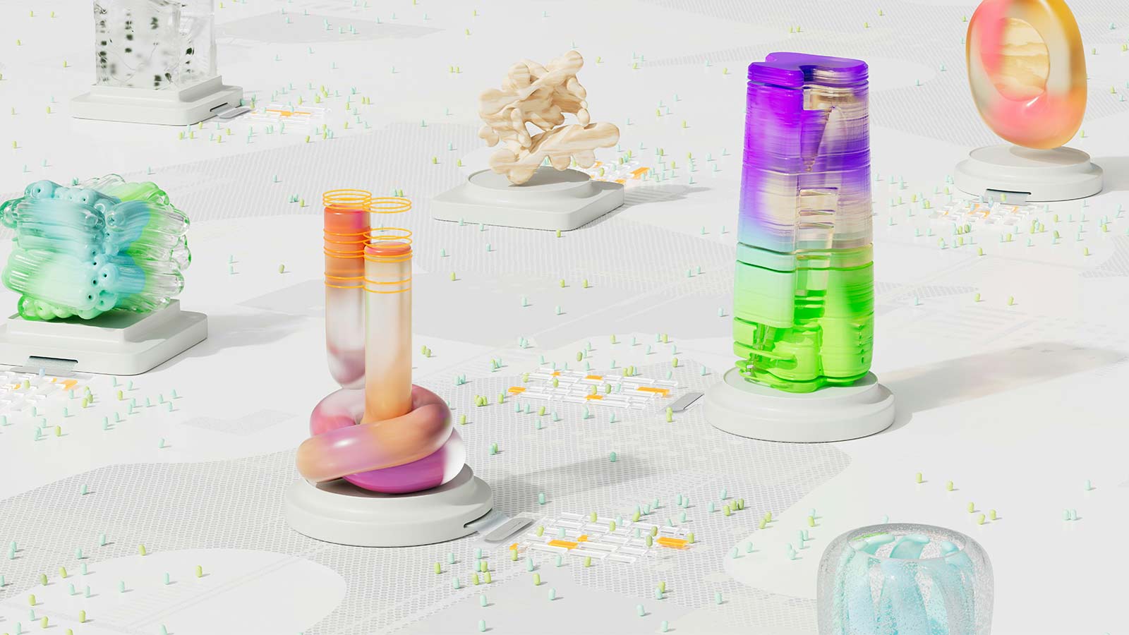 a group of colorful objects on a white surface same day title updates