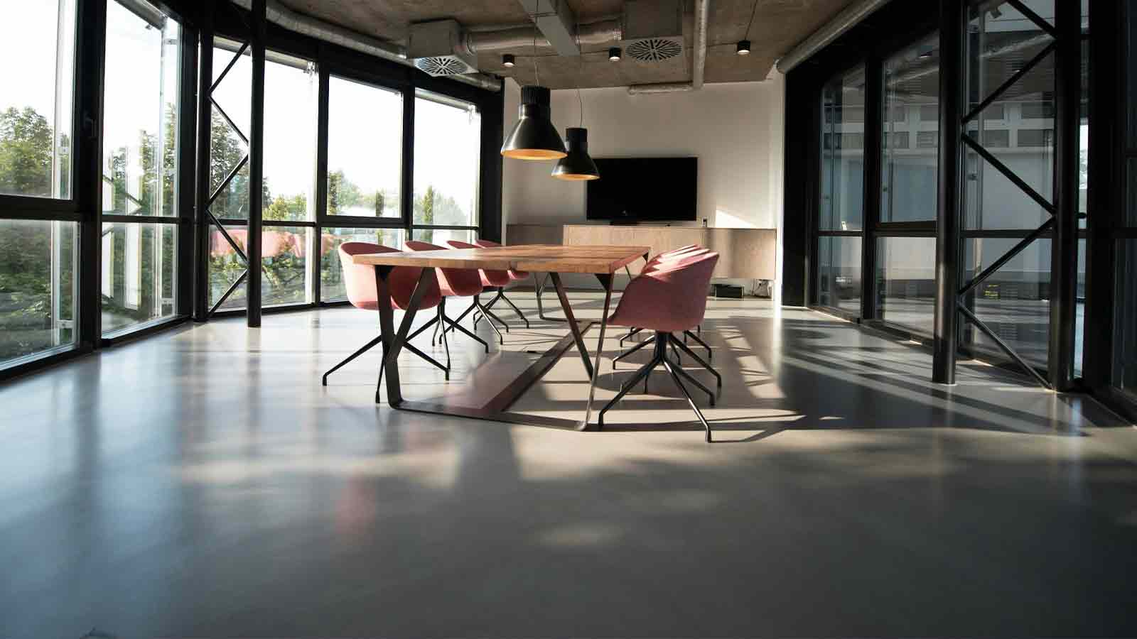 Modern office meeting room with windows title search software