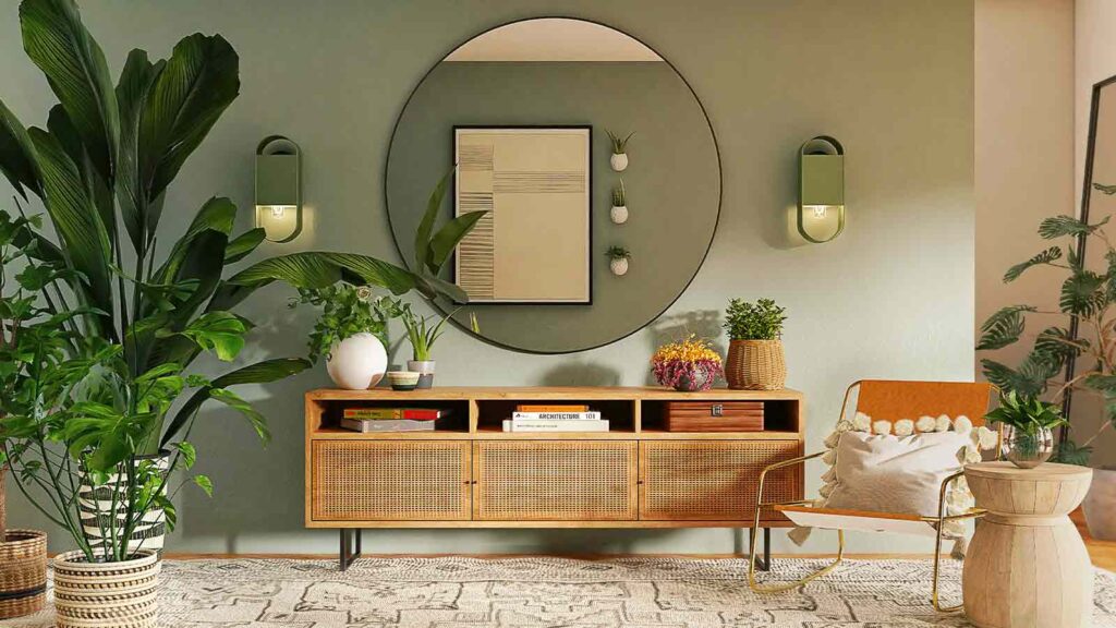 Modern living room with plants and decor title search software